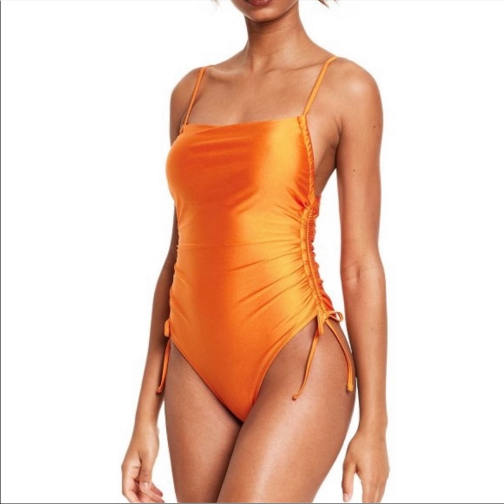 Fe Noel Orange Metallic Side-Ruched Cheeky One Piece Swimsuit Size Med 8-10